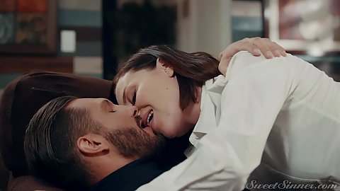 Fully clothed romantic cheating with milf Sovereign Syre getting comfortable on her husbands bosss cock and gets licked on sofa