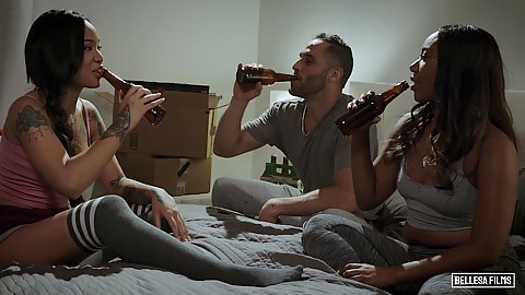 Three people with black and asian girl and a man Chanell Heart and Honey Gold meeting the new members was never so much fun