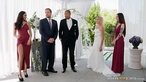 Wedding with bride in a dress and best man with braidesmaids all gathered here for a cheating to occur after