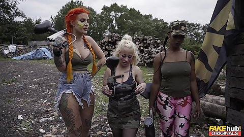 Confident ladies going out for army training at paintball camp with big ass redhead getting dick sucked in house Alexxa Vice