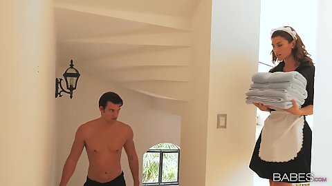Gracious small sized boobs trimmed twat box petite maid Julia Roca doing vajayjay licking oral sucking