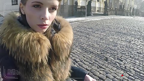 Appealing brunette small breasts Olga Petrova public outdoor quickie pov sucking strangers package off
