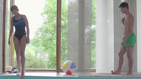 Ria Sun european angelic girlie small boobs teen having fun doing sensual wearing swimsuit squeezing breasts