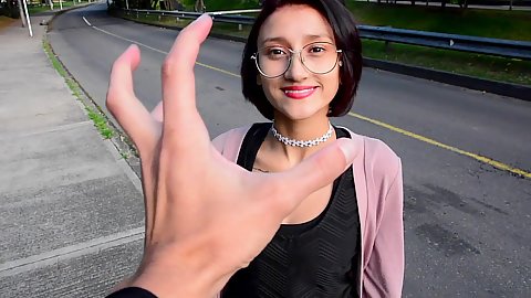 Wearing glasses public outdoor pick up with small size chest petite latina Luna Castillo