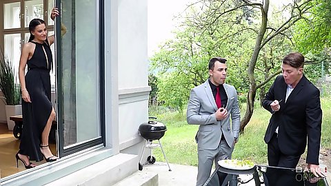 Eveline Dellai glamor small size chest fantastic brunette 3some wearing high heels outdoors weenie through pants zipper rear entry fucking and blowjob
