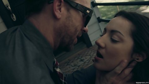 Outdoor shaft through pants doggy style relentless copulation with sucking off prick from hand pressing against neck obedient Lily Adams small size boobies petite nubile