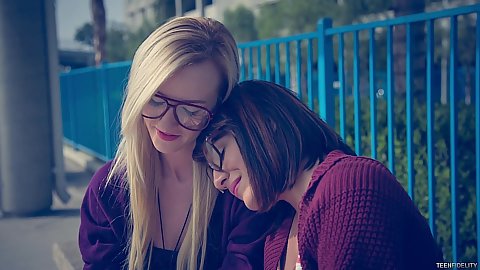 Threeway wearing glasses outdoor unclothing oral blowing strangers manpole with prurient small size breasts blonde and brunette teens Skylar Green as well as Liv Aguilara