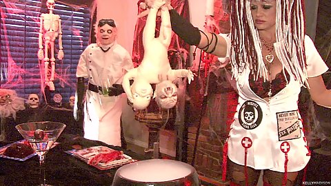 Dick through pants fetish cowgirl sliding on stick twat fucking as well as blowing dickpole with big hooters blonde milf nurse Kelly Madison