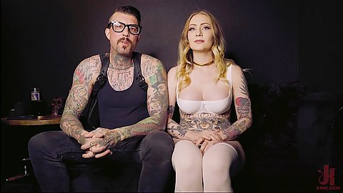 Submissive punishment tattooed blondie twentysomething enchanting hot chick slave Baby Sid relishing wearing stockings taking part in an interview hands tied