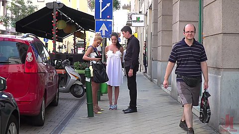 Intense brunette along with blondie hungarian slave Dolly Diore Cherry Kiss including Angel Rush performing hands behind back humiliation wearing a dress public outdoor fetish submissive satisfaction
