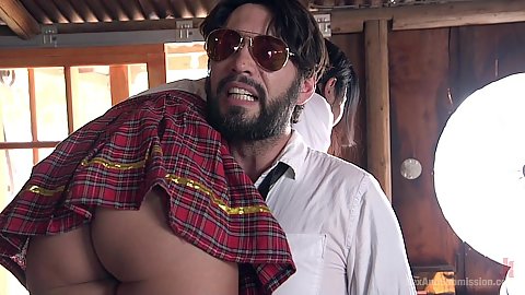 Marica Hase tied to a ceiling and ball gag punishment wearing miniskirt taking clothes off fingering with small sized boobs juicy ass asian honey vixen school girl gets kidnapped and then tied up for good fun at the bar