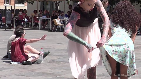 Melody Petite and Silvia Rubi humiliation glorious redhead along with brunette petite slave submissive gals doing wearing high heels as well as a dress public outdoor fetish lezdom leash including collar entertainment public walking of a slave in front of bystanders