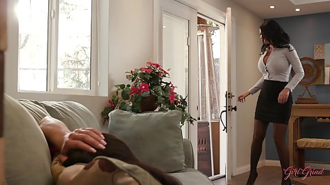 Medium size boobies and big titties brunettes twentysomething broad as well as milf Jasmine Jae with Aidra Fox having fun doing sapphic love looking good in miniskirt living room sofa undressing fingering
