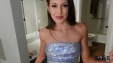 Gf lovesome brunettes twenty something hotties caucasians Kaitlyn Katsaros and Catalina Ossa bf sharing threesome wearing a dress cock over pants pov sucking penis off
