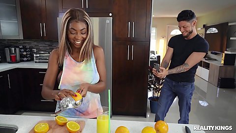Ebony gf Tori Montana early 20s provocative beauty having fun doing cooking anus licking bfs white cock fellatio