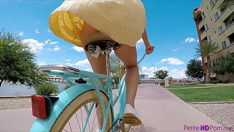 Very small titties hairy fanny teen Avi Love relishing wearing a dress public outdoor rod sucking riding a bicycle on the street having her dress fly up and expose her ass and pussy to everyone