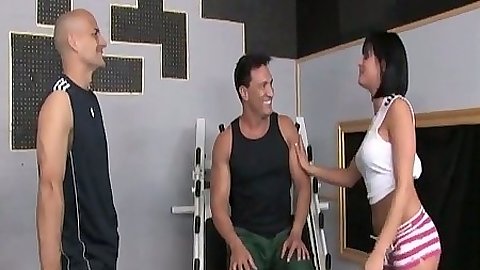 Tory Lane at the gym with two pumped up guys asking for trouble