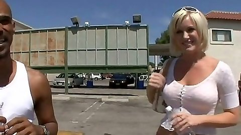 Outdoors with big tits blonde and heading to the office for some fun