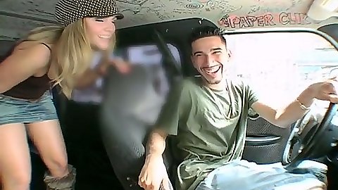 Teen amateur Amy and Brianna Love driving on the van