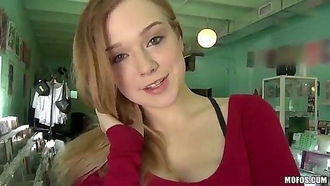 Sexy fair skin girl Alaina Fox solo in the store