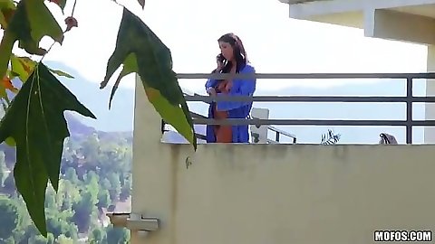 Voyeur outdoor Evi Fox in her bathroom naked on balcony