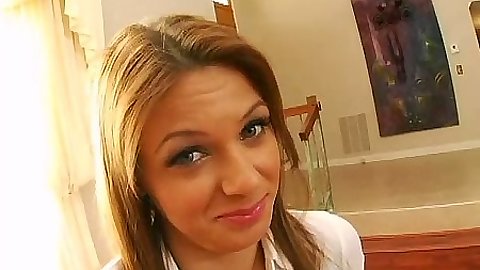 Teen Ava Miller smiles for the shot and puts dick in mouth