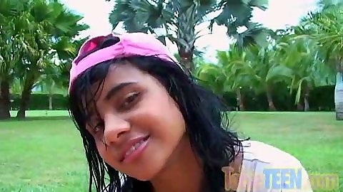Outdoor sexy looking stripping teen touching self with Tobie